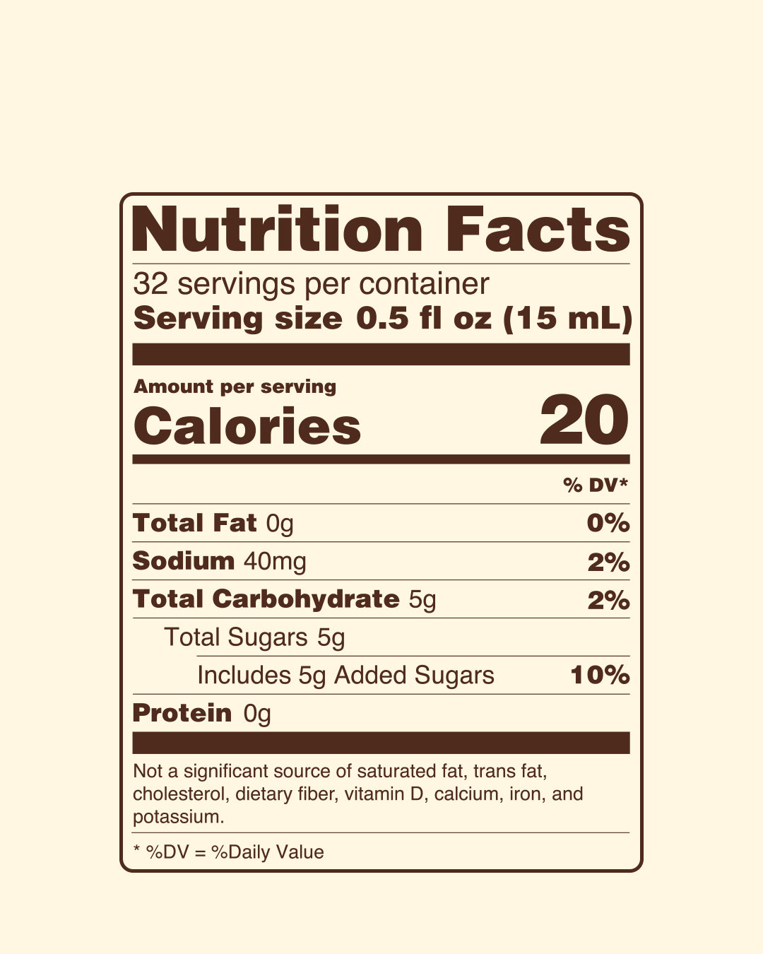 Nutrition facts label for Salted Caramel Sup Syrup with serving size, calories, and nutritional content. Contains only 5g of sugar per serving.